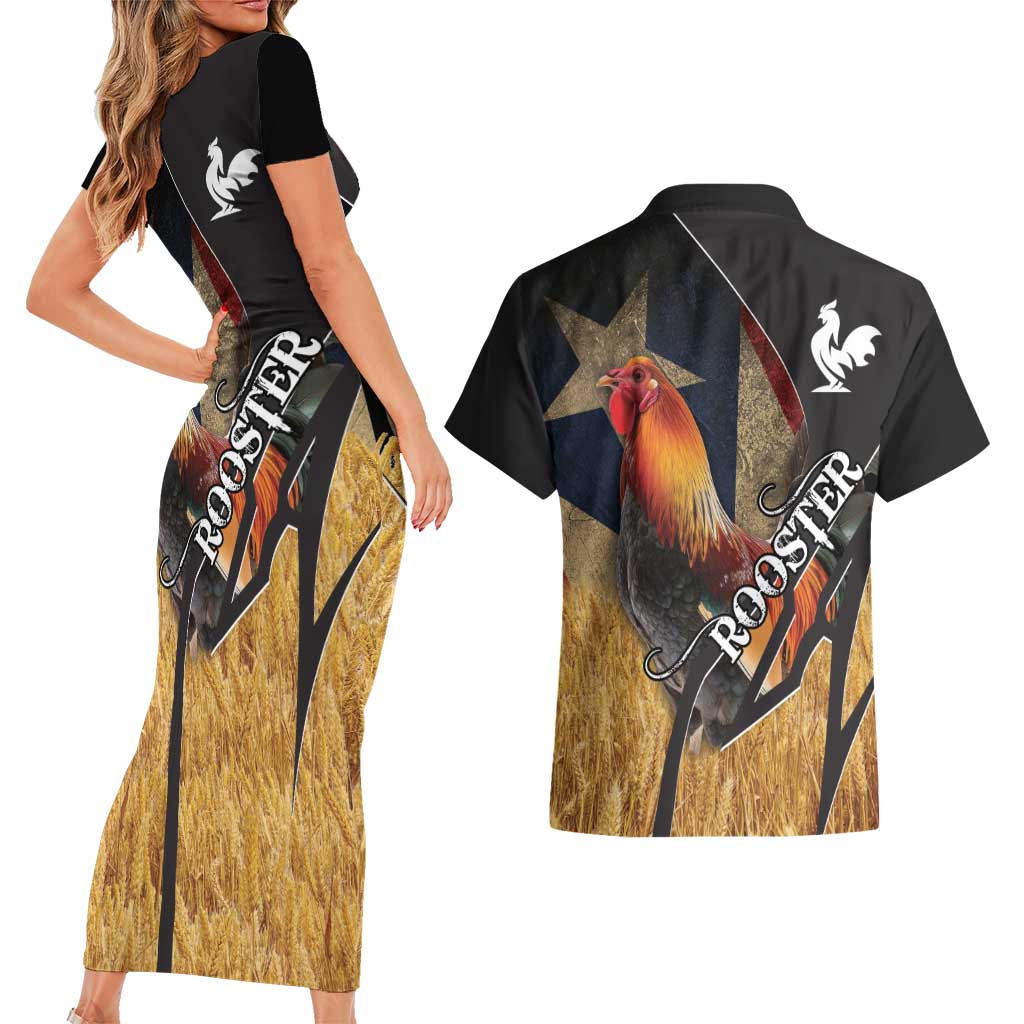 Puerto Rico Rooster Couples Matching Short Sleeve Bodycon Dress and Hawaiian Shirt Gallo Boricua