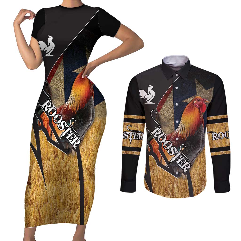 Puerto Rico Rooster Couples Matching Short Sleeve Bodycon Dress and Long Sleeve Button Shirt Gallo Boricua