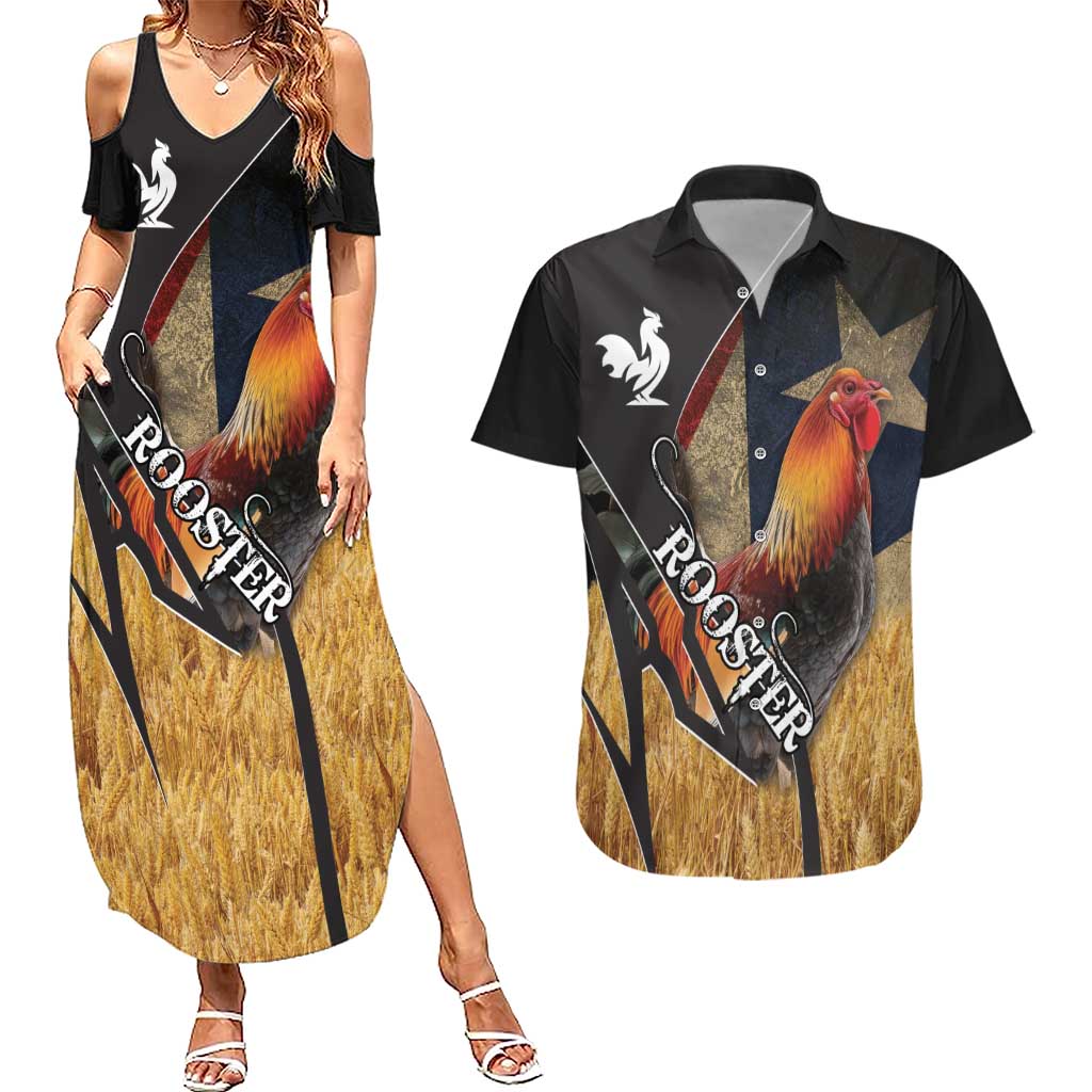 Puerto Rico Rooster Couples Matching Summer Maxi Dress and Hawaiian Shirt Gallo Boricua