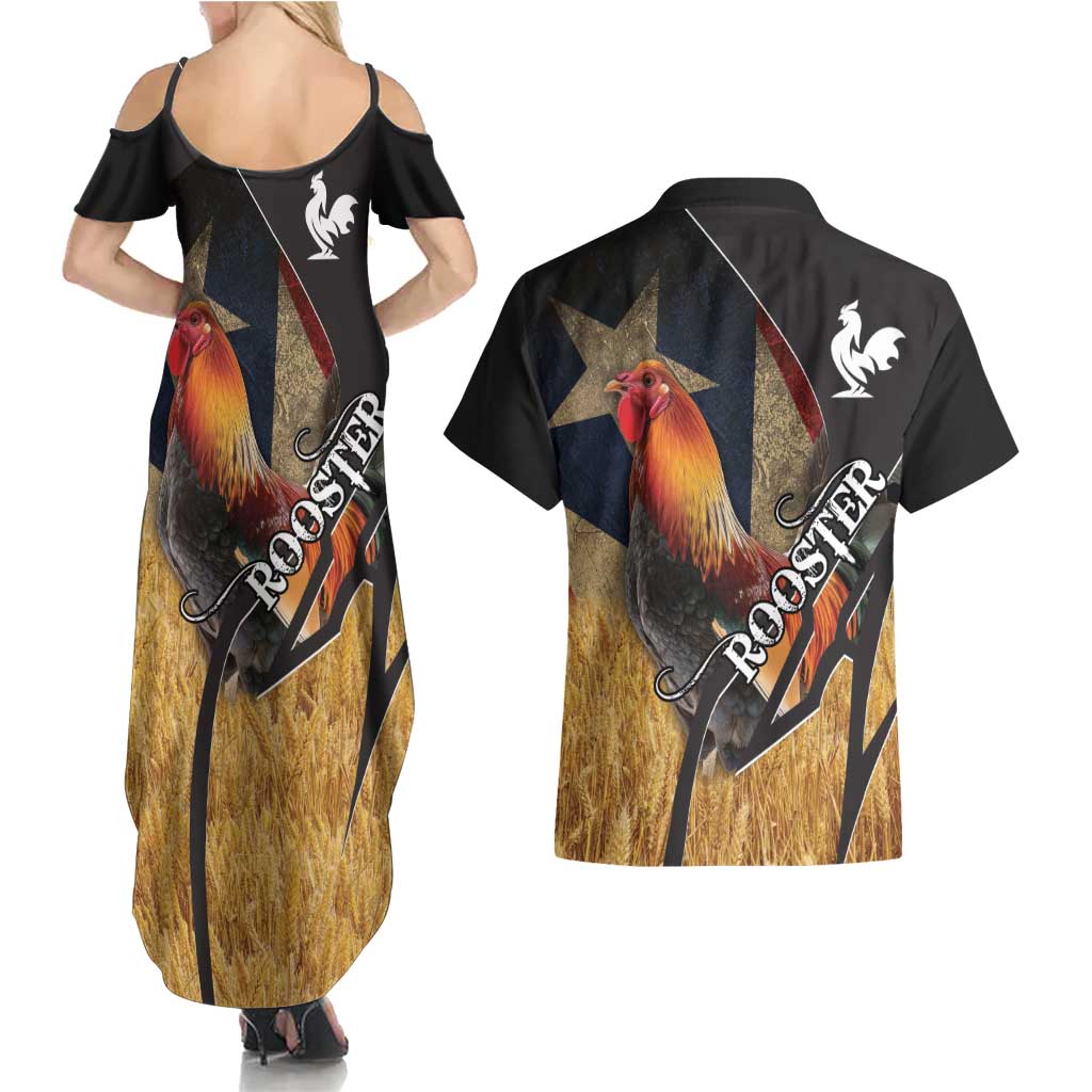 Puerto Rico Rooster Couples Matching Summer Maxi Dress and Hawaiian Shirt Gallo Boricua
