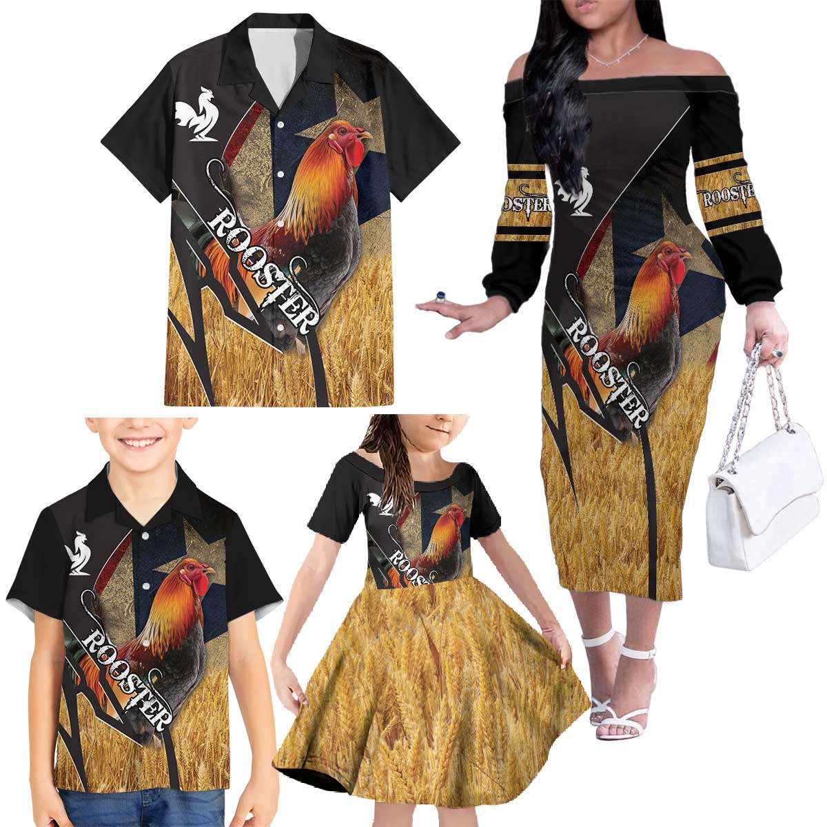 Puerto Rico Rooster Family Matching Off The Shoulder Long Sleeve Dress and Hawaiian Shirt Gallo Boricua