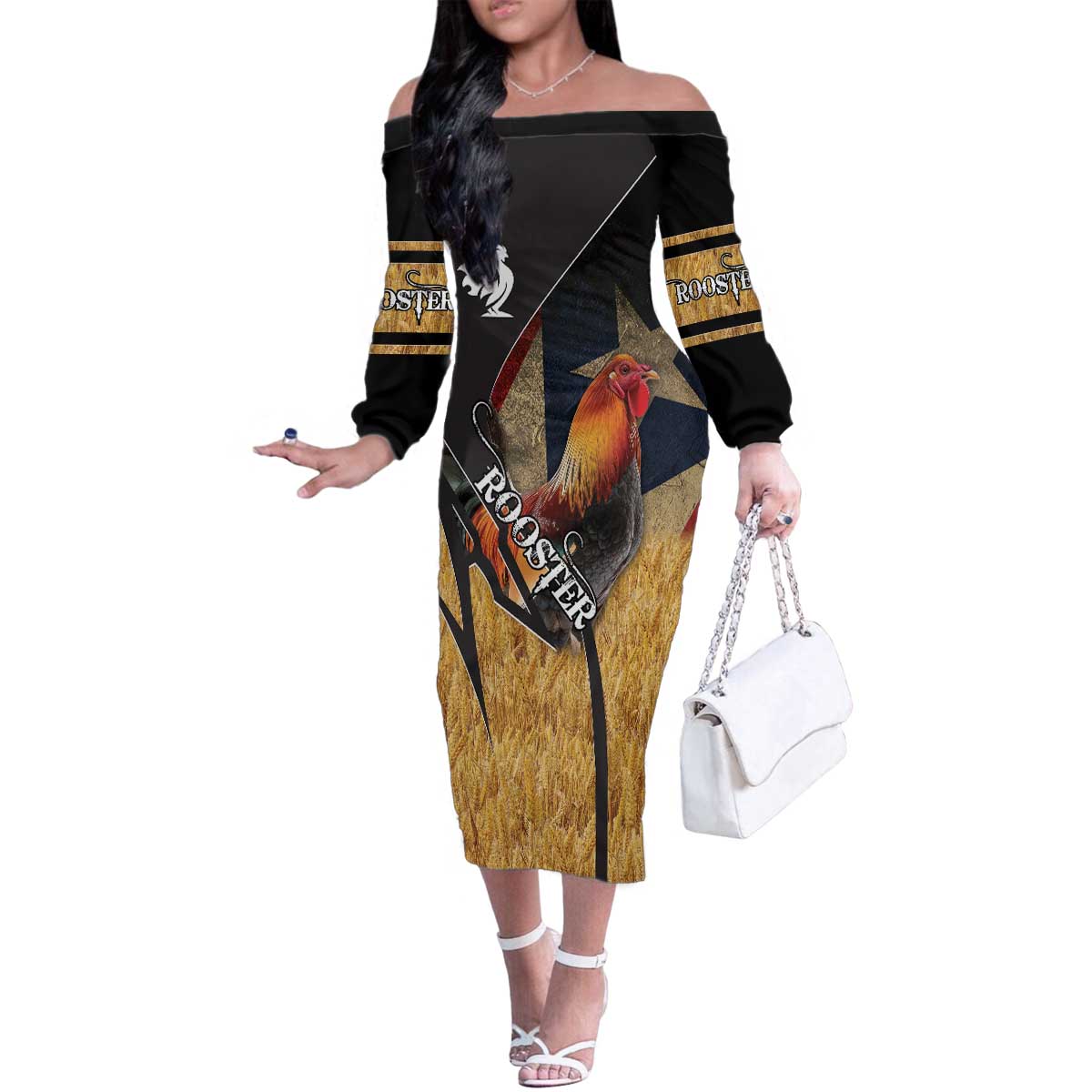 Puerto Rico Rooster Family Matching Off The Shoulder Long Sleeve Dress and Hawaiian Shirt Gallo Boricua