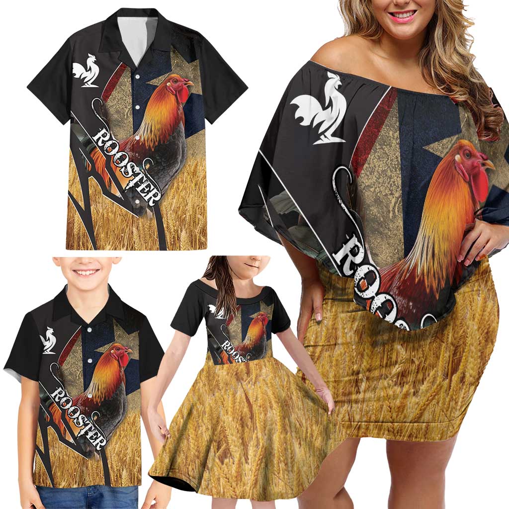 Puerto Rico Rooster Family Matching Off Shoulder Short Dress and Hawaiian Shirt Gallo Boricua