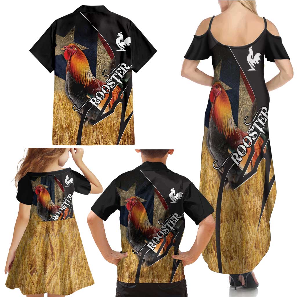 Puerto Rico Rooster Family Matching Summer Maxi Dress and Hawaiian Shirt Gallo Boricua