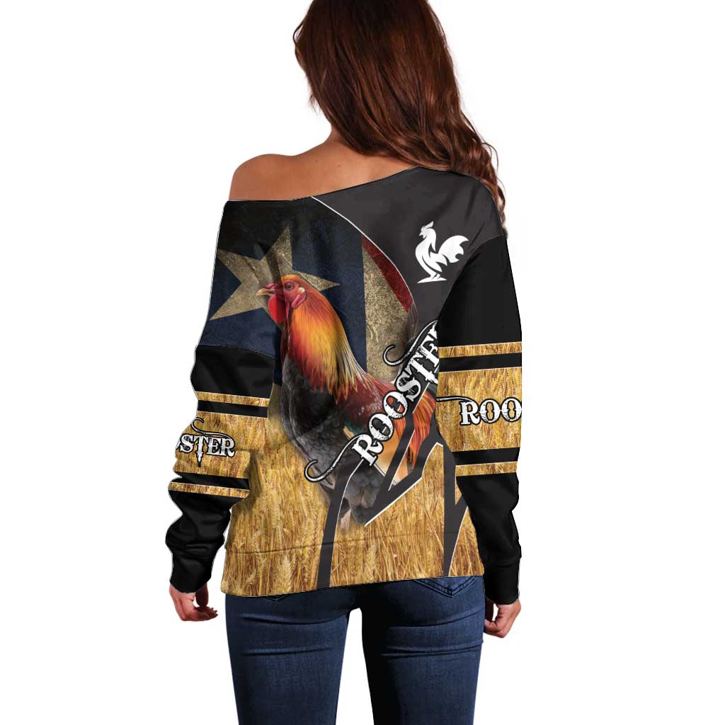 Puerto Rico Rooster Off Shoulder Sweater Gallo Boricua