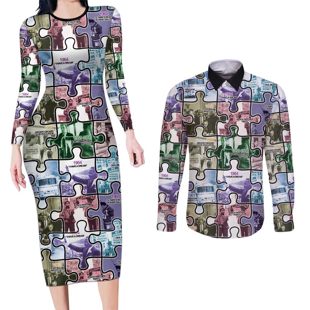 The Civil Rights Journey in Puzzle Couples Matching Long Sleeve Bodycon Dress and Long Sleeve Button Shirt African American