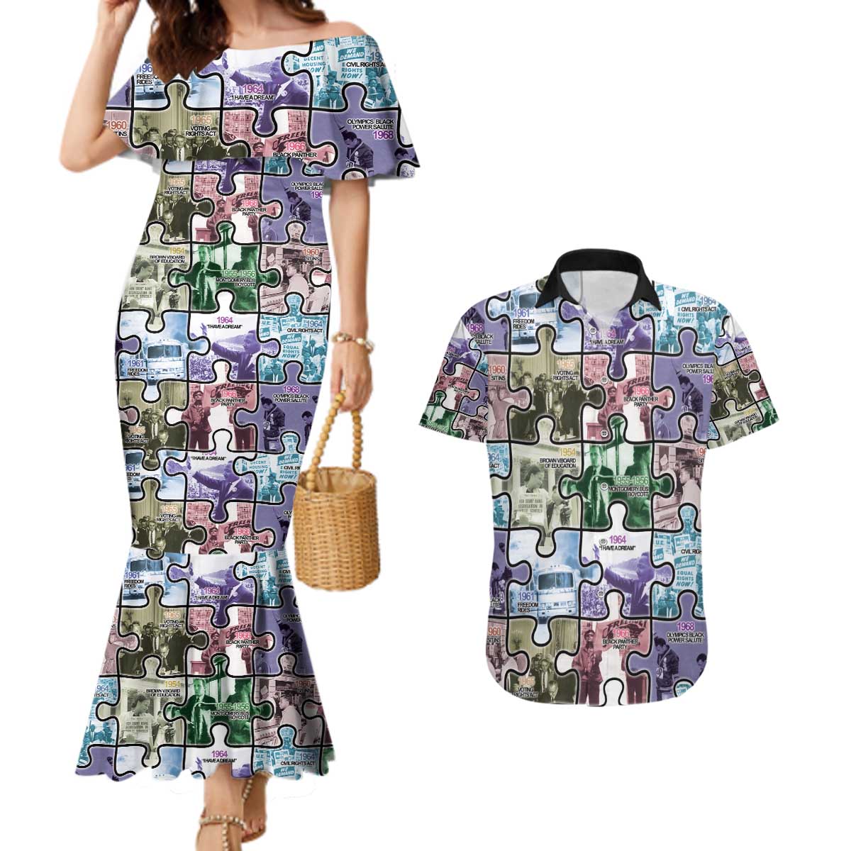 The Civil Rights Journey in Puzzle Couples Matching Mermaid Dress and Hawaiian Shirt African American