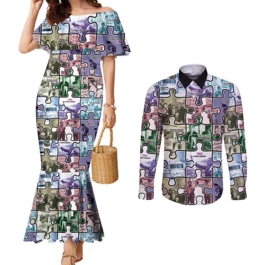 The Civil Rights Journey in Puzzle Couples Matching Mermaid Dress and Long Sleeve Button Shirt African American