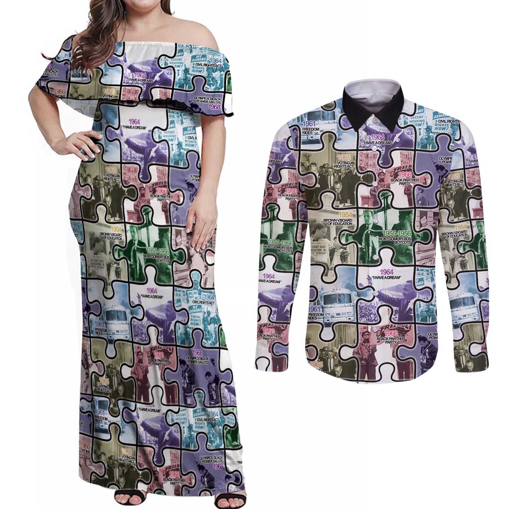 The Civil Rights Journey in Puzzle Couples Matching Off Shoulder Maxi Dress and Long Sleeve Button Shirt African American