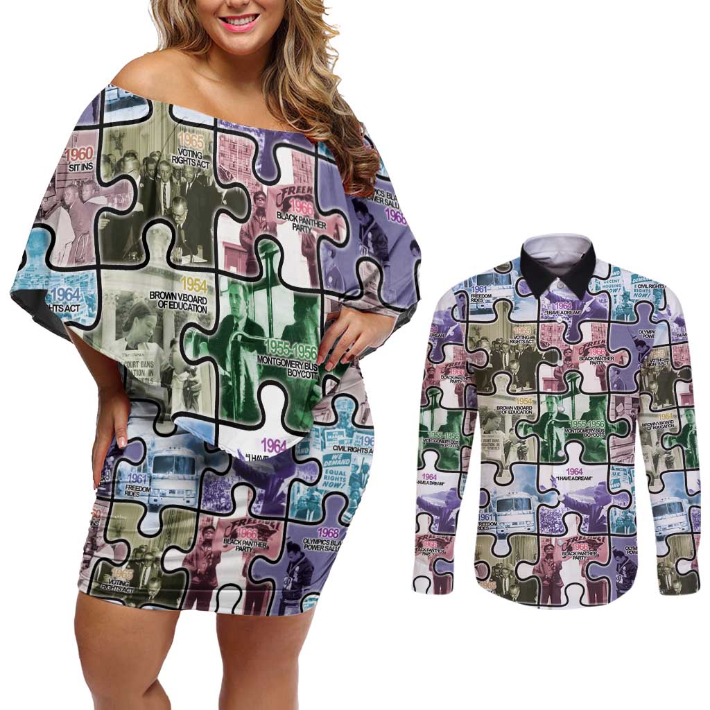 The Civil Rights Journey in Puzzle Couples Matching Off Shoulder Short Dress and Long Sleeve Button Shirt African American