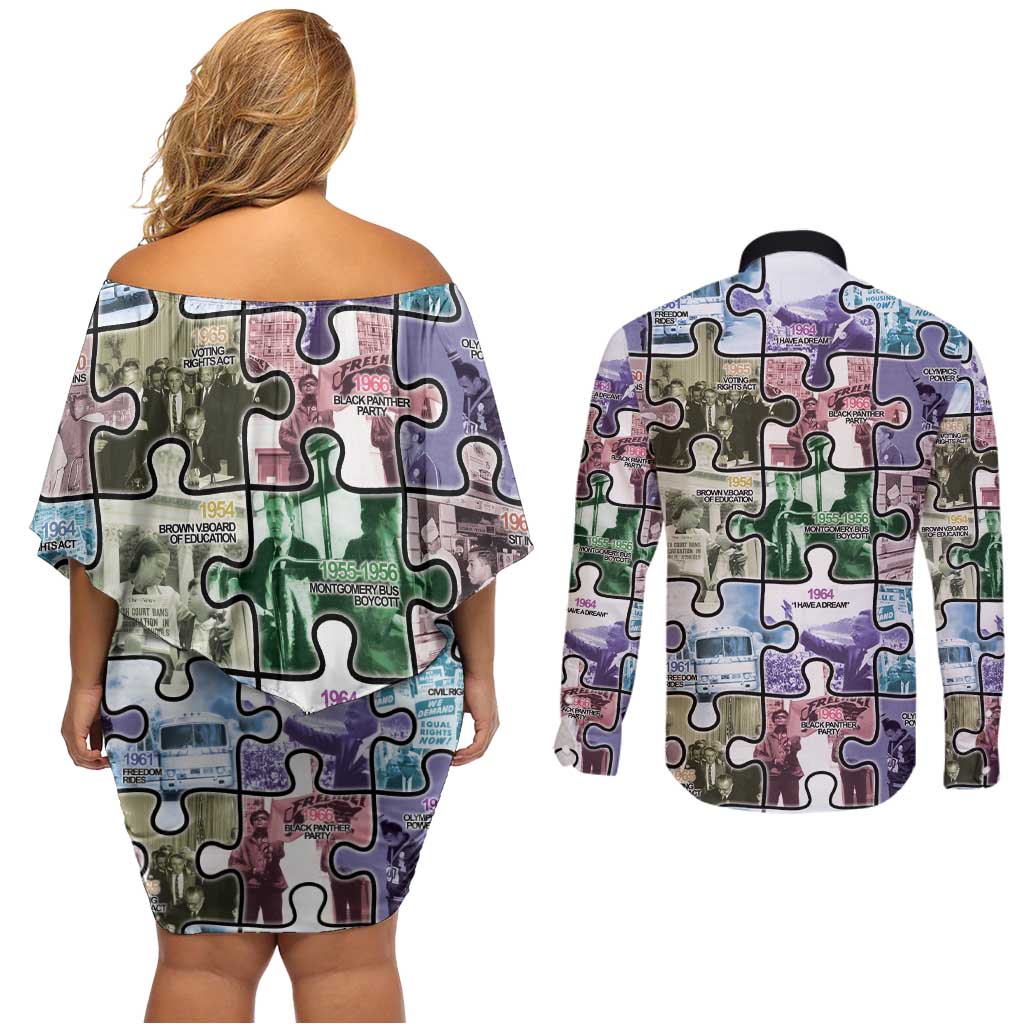 The Civil Rights Journey in Puzzle Couples Matching Off Shoulder Short Dress and Long Sleeve Button Shirt African American