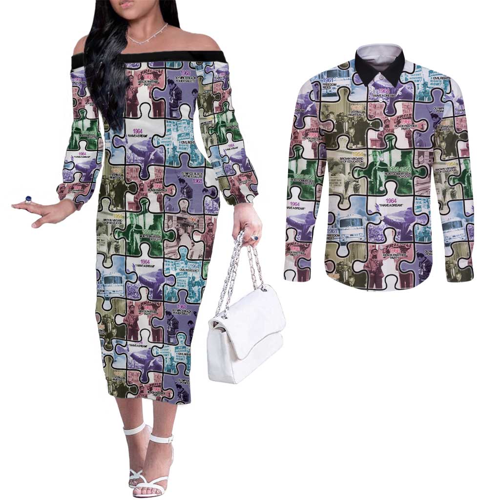 The Civil Rights Journey in Puzzle Couples Matching Off The Shoulder Long Sleeve Dress and Long Sleeve Button Shirt African American