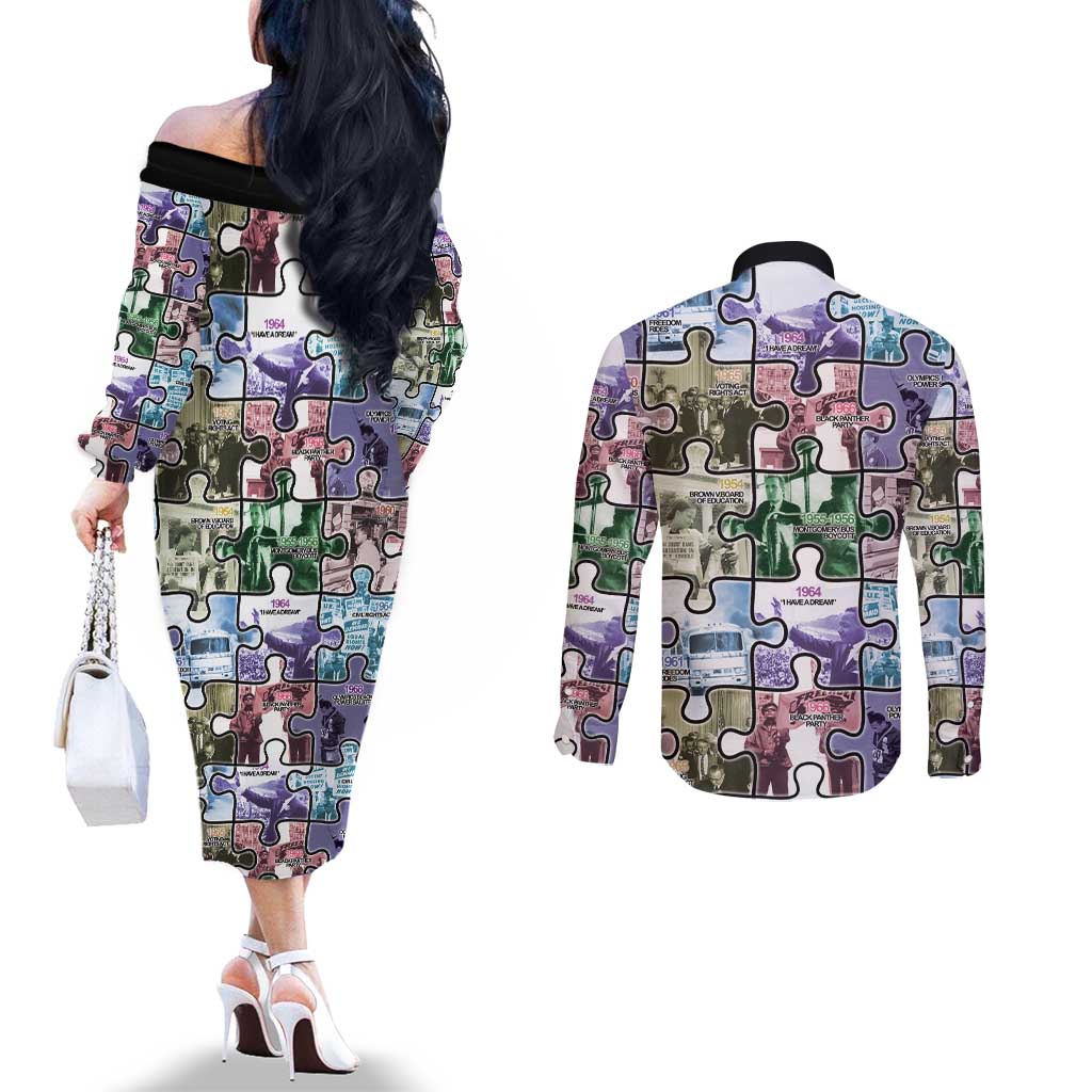 The Civil Rights Journey in Puzzle Couples Matching Off The Shoulder Long Sleeve Dress and Long Sleeve Button Shirt African American