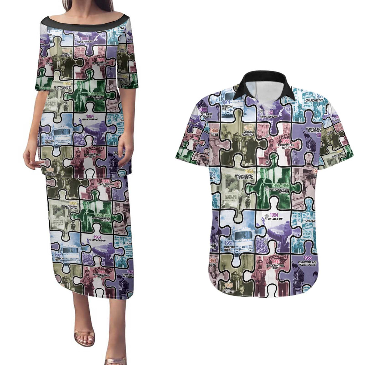 The Civil Rights Journey in Puzzle Couples Matching Puletasi and Hawaiian Shirt African American