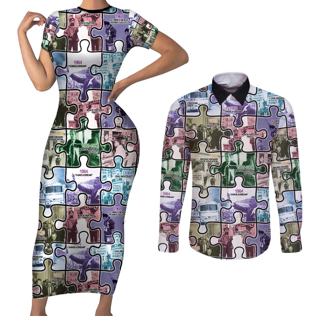 The Civil Rights Journey in Puzzle Couples Matching Short Sleeve Bodycon Dress and Long Sleeve Button Shirt African American