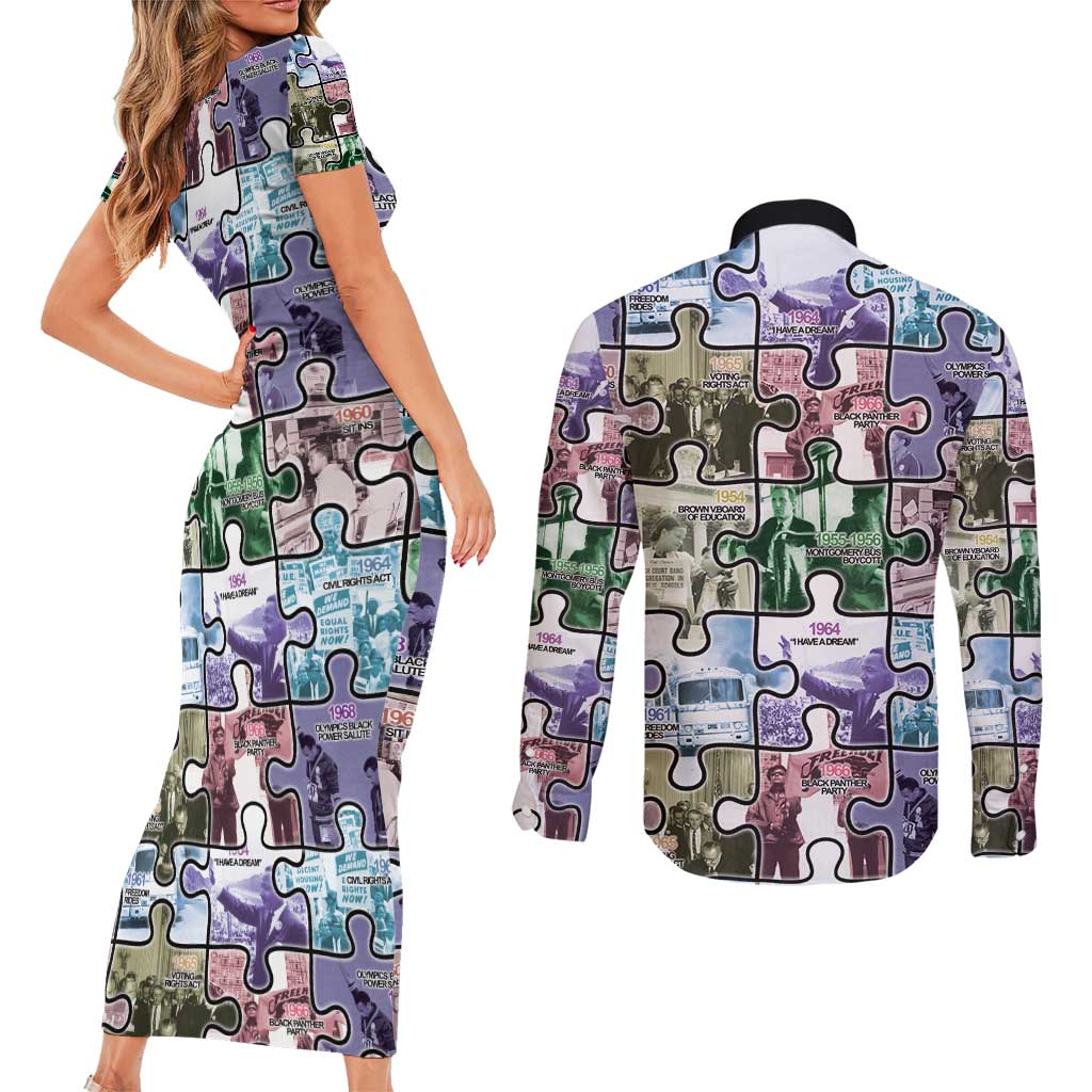The Civil Rights Journey in Puzzle Couples Matching Short Sleeve Bodycon Dress and Long Sleeve Button Shirt African American