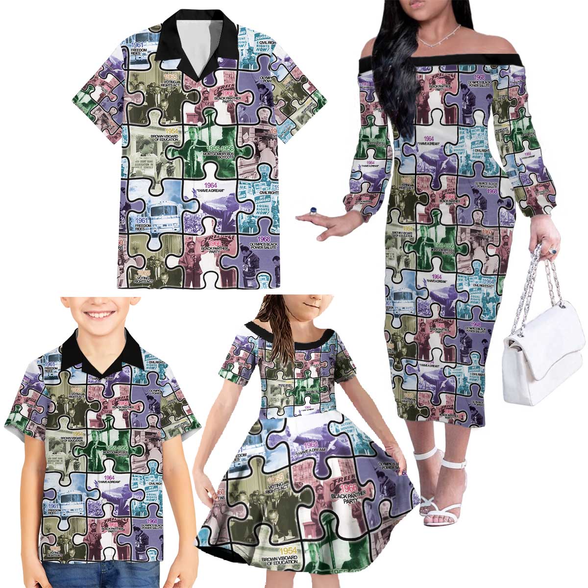 The Civil Rights Journey in Puzzle Family Matching Off The Shoulder Long Sleeve Dress and Hawaiian Shirt African American