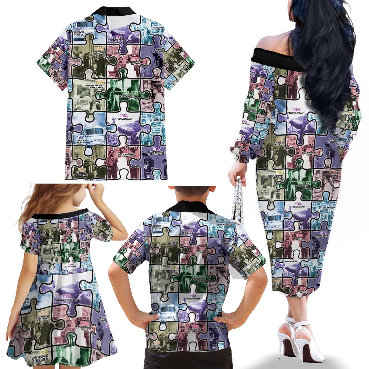 The Civil Rights Journey in Puzzle Family Matching Off The Shoulder Long Sleeve Dress and Hawaiian Shirt African American