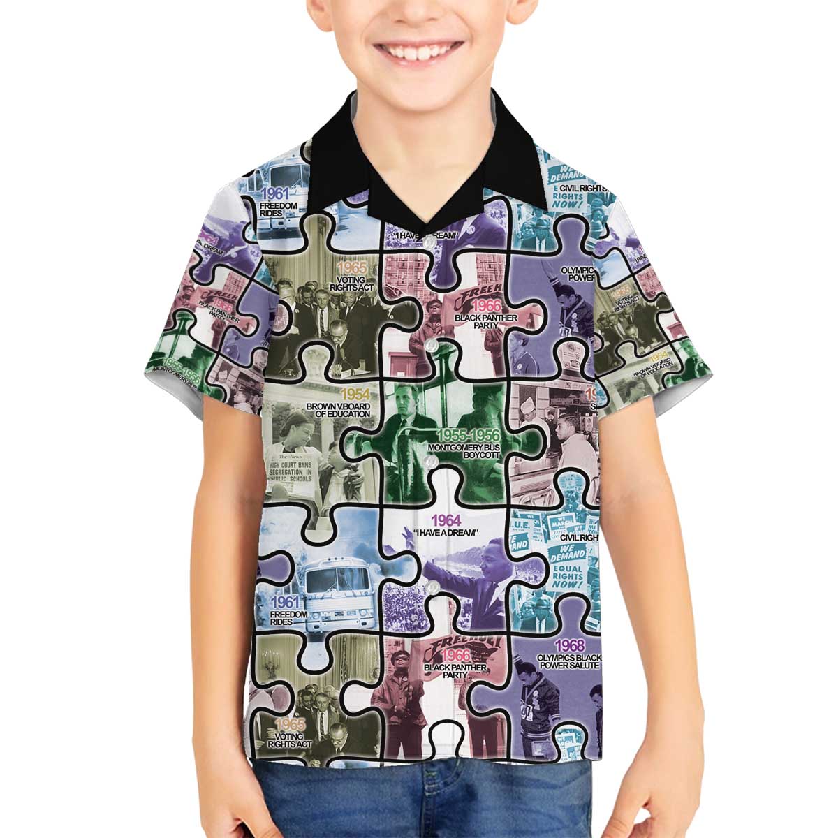 The Civil Rights Journey in Puzzle Family Matching Off The Shoulder Long Sleeve Dress and Hawaiian Shirt African American