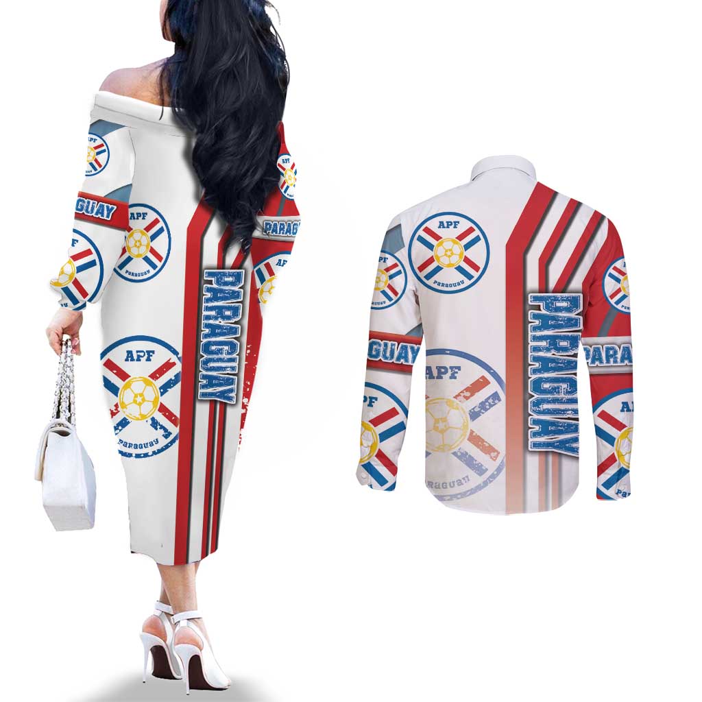 Paraguay Football Couples Matching Off The Shoulder Long Sleeve Dress and Long Sleeve Button Shirt La Albirroja Soccer - Road To Champion