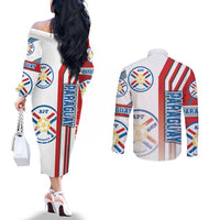 Paraguay Football Couples Matching Off The Shoulder Long Sleeve Dress and Long Sleeve Button Shirt La Albirroja Soccer - Road To Champion