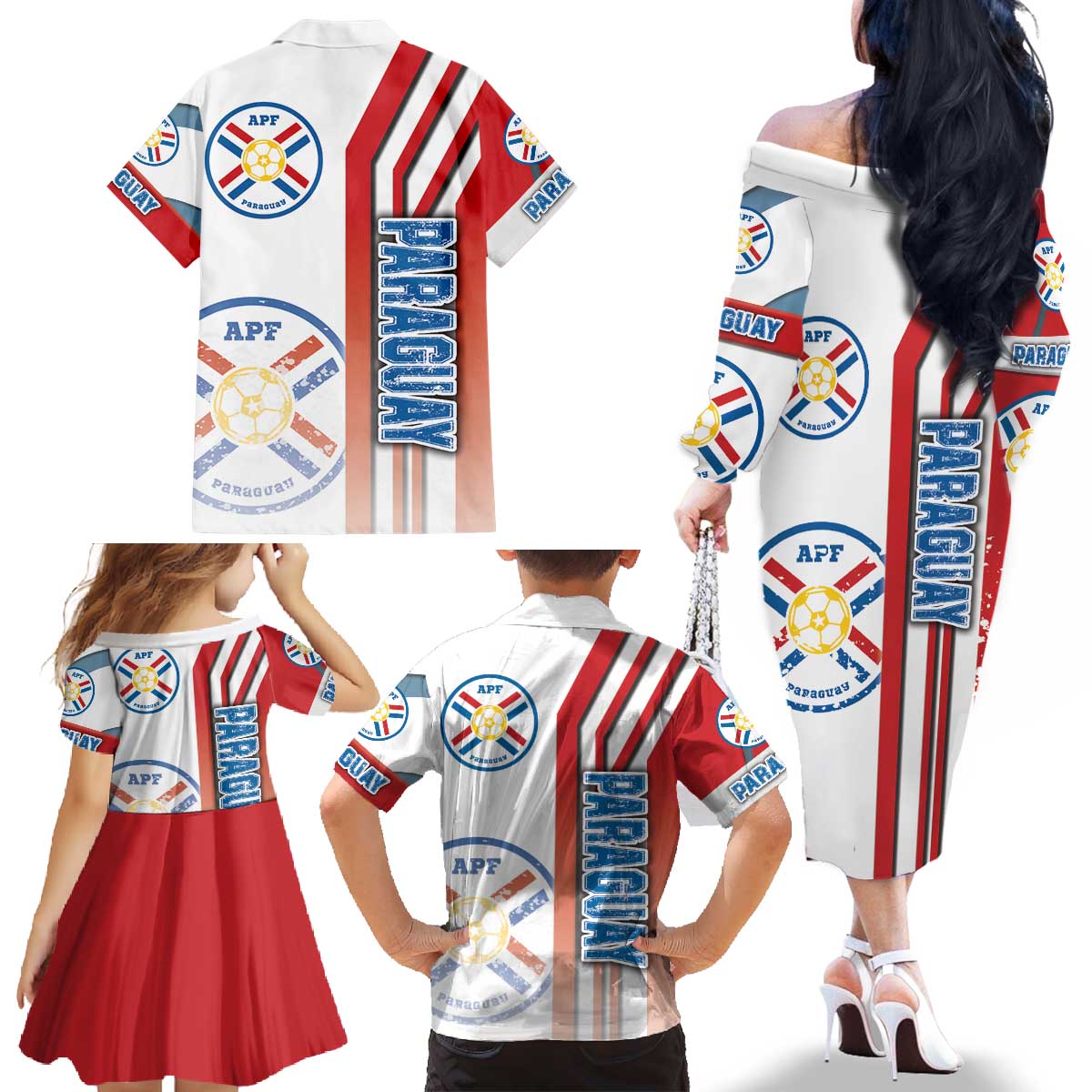 Paraguay Football Family Matching Off The Shoulder Long Sleeve Dress and Hawaiian Shirt La Albirroja Soccer - Road To Champion