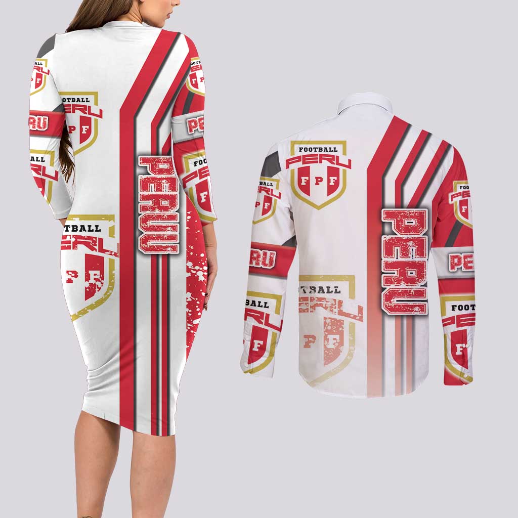Peru Football Couples Matching Long Sleeve Bodycon Dress and Long Sleeve Button Shirt La Bicolor Soccer - Road To Champion