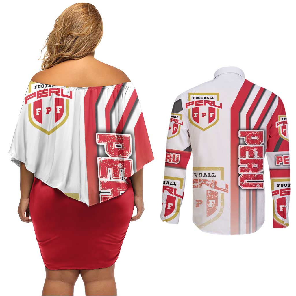 Peru Football Couples Matching Off Shoulder Short Dress and Long Sleeve Button Shirt La Bicolor Soccer - Road To Champion