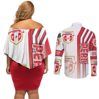 Peru Football Couples Matching Off Shoulder Short Dress and Long Sleeve Button Shirt La Bicolor Soccer - Road To Champion