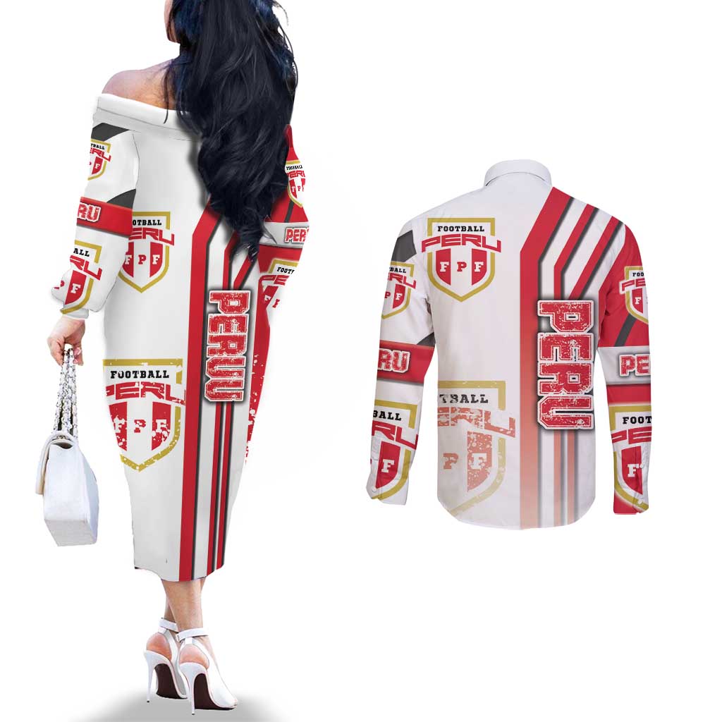 Peru Football Couples Matching Off The Shoulder Long Sleeve Dress and Long Sleeve Button Shirt La Bicolor Soccer - Road To Champion