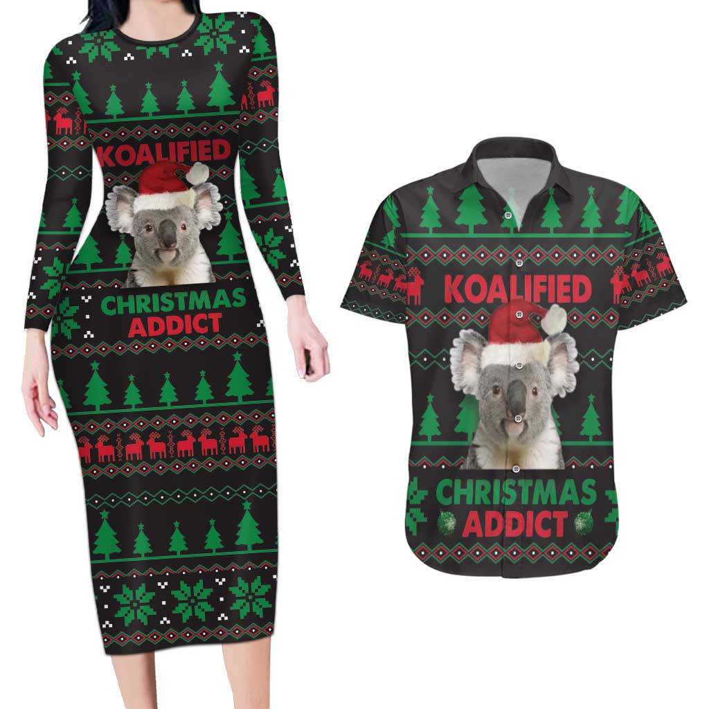 Cute Koala Couples Matching Long Sleeve Bodycon Dress and Hawaiian Shirt Koalified Christmas Addict - Wonder Print Shop
