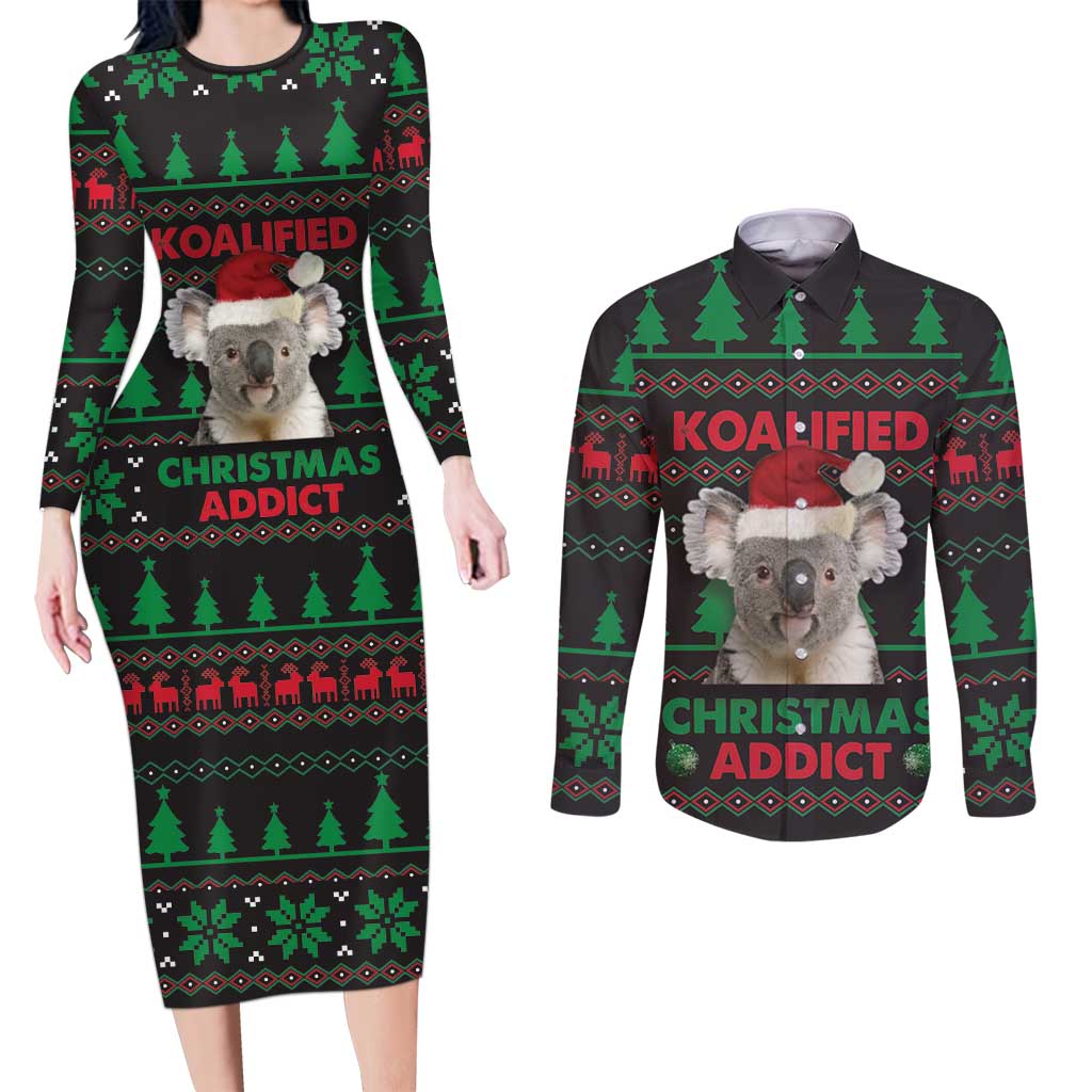 Cute Koala Couples Matching Long Sleeve Bodycon Dress and Long Sleeve Button Shirt Koalified Christmas Addict - Wonder Print Shop