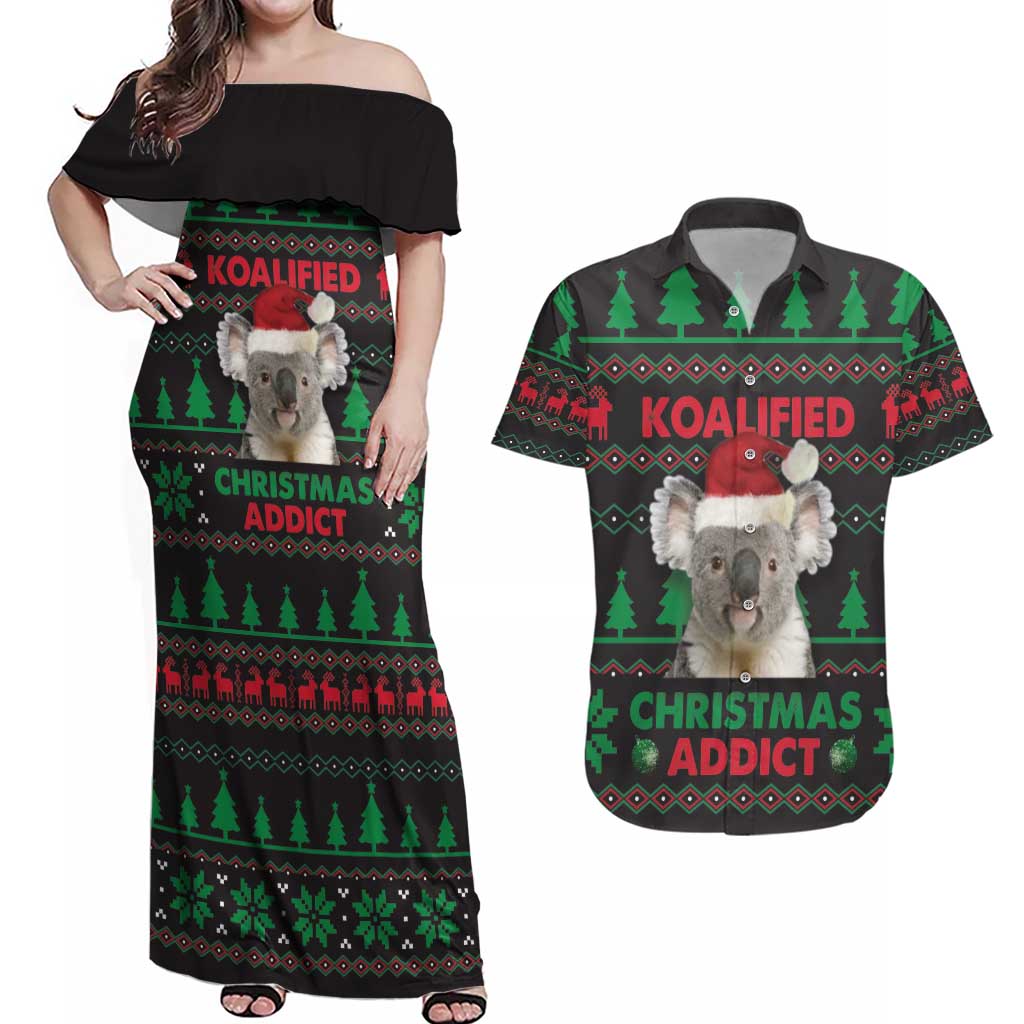 Cute Koala Couples Matching Off Shoulder Maxi Dress and Hawaiian Shirt Koalified Christmas Addict - Wonder Print Shop