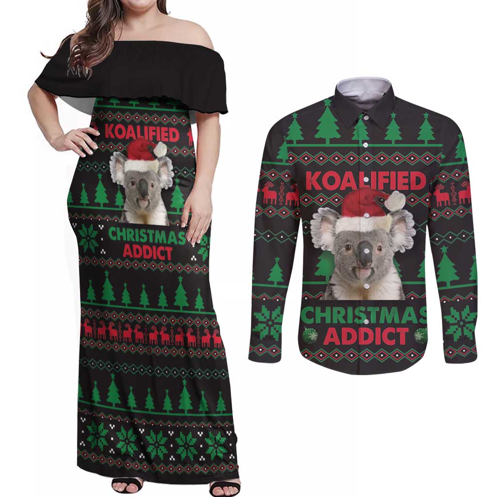 Cute Koala Couples Matching Off Shoulder Maxi Dress and Long Sleeve Button Shirt Koalified Christmas Addict - Wonder Print Shop