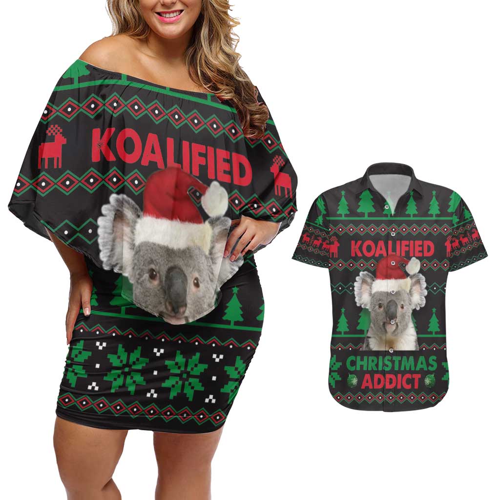 Cute Koala Couples Matching Off Shoulder Short Dress and Hawaiian Shirt Koalified Christmas Addict - Wonder Print Shop