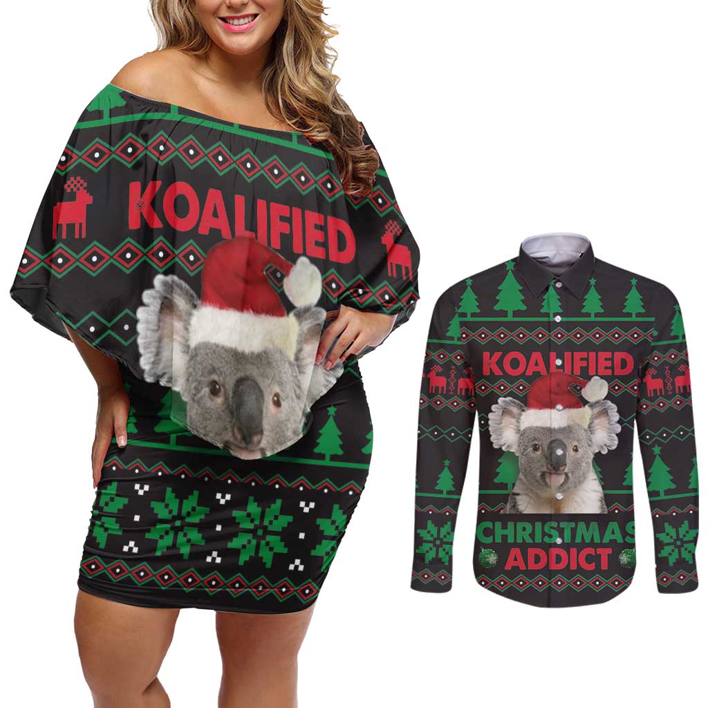 Cute Koala Couples Matching Off Shoulder Short Dress and Long Sleeve Button Shirt Koalified Christmas Addict - Wonder Print Shop