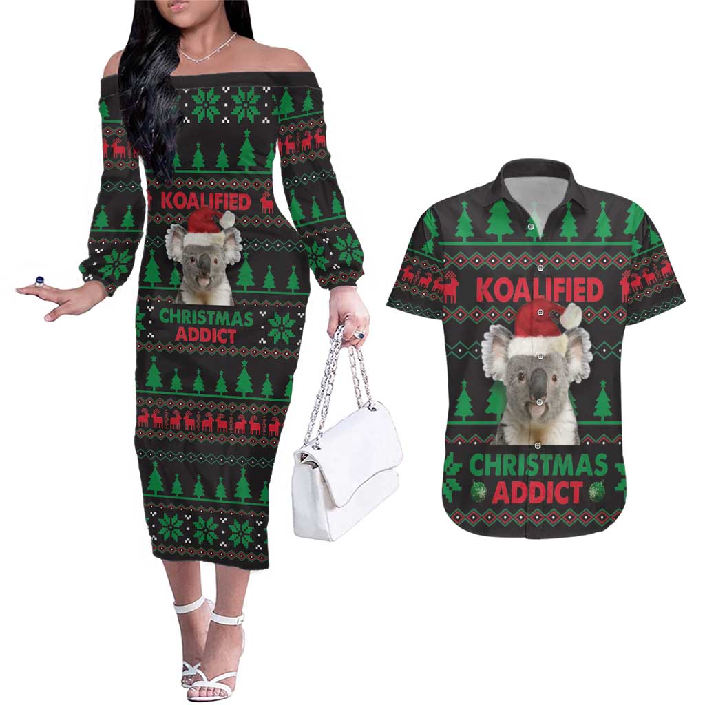 Cute Koala Couples Matching Off The Shoulder Long Sleeve Dress and Hawaiian Shirt Koalified Christmas Addict - Wonder Print Shop
