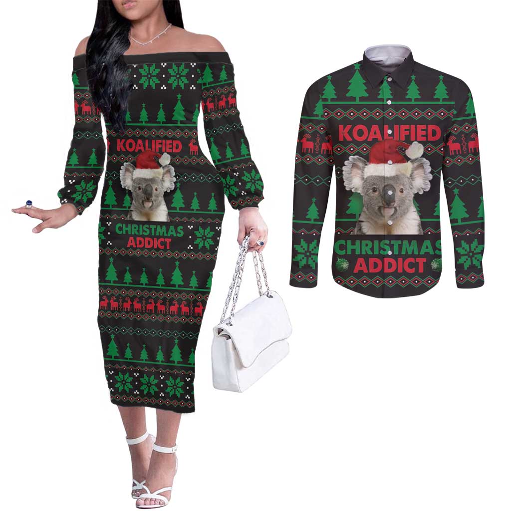 Cute Koala Couples Matching Off The Shoulder Long Sleeve Dress and Long Sleeve Button Shirt Koalified Christmas Addict