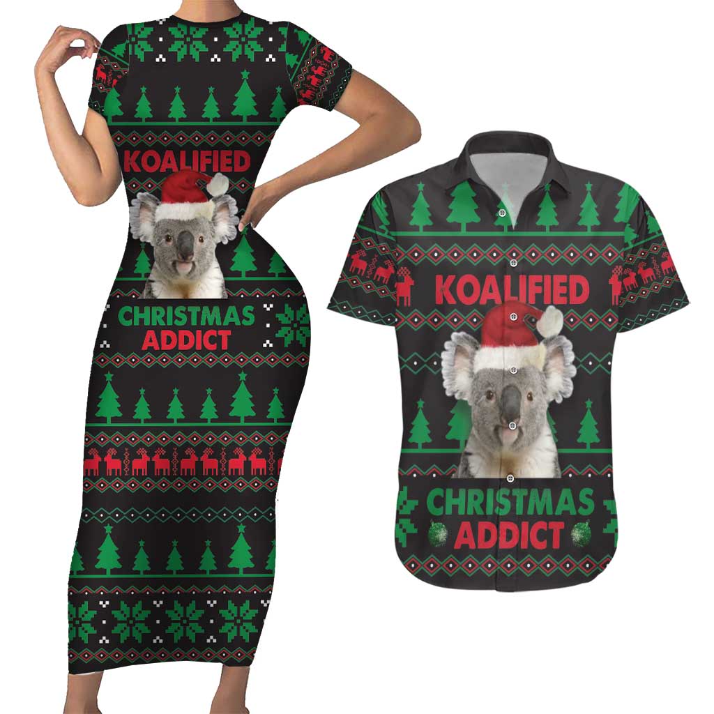 Cute Koala Couples Matching Short Sleeve Bodycon Dress and Hawaiian Shirt Koalified Christmas Addict - Wonder Print Shop