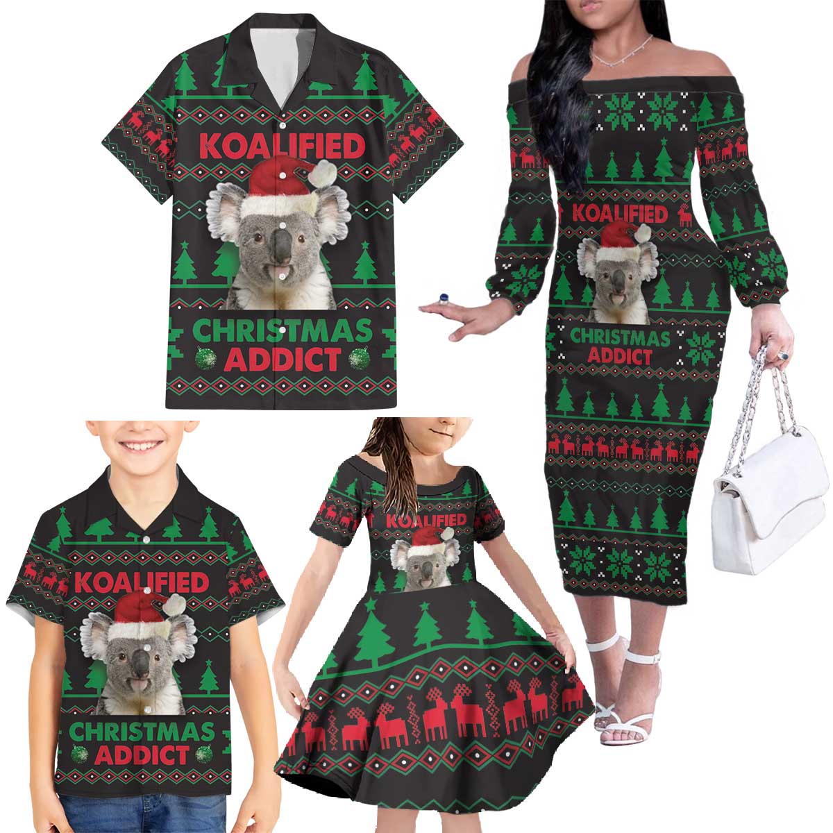 Cute Koala Family Matching Off The Shoulder Long Sleeve Dress and Hawaiian Shirt Koalified Christmas Addict - Wonder Print Shop