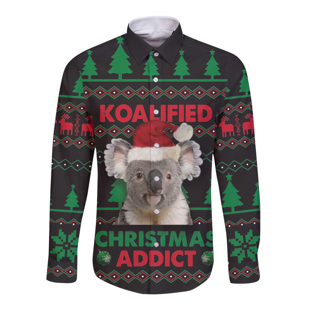 Cute Koala Long Sleeve Button Shirt Koalified Christmas Addict - Wonder Print Shop