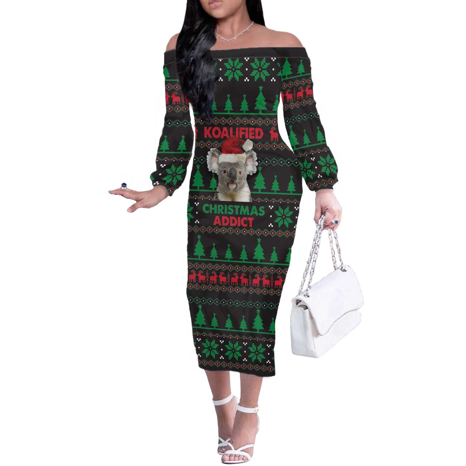 Cute Koala Off The Shoulder Long Sleeve Dress Koalified Christmas Addict - Wonder Print Shop