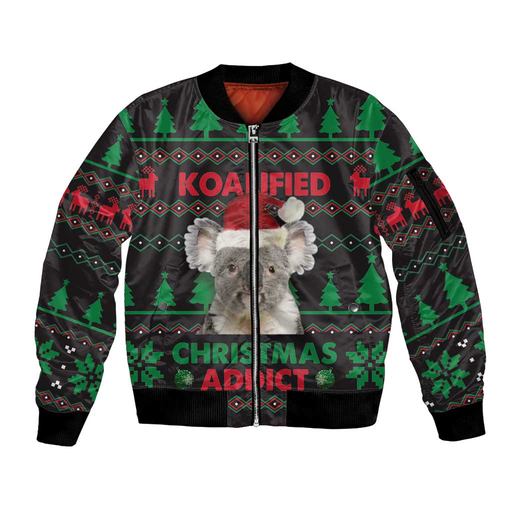 Cute Koala Sleeve Zip Bomber Jacket Koalified Christmas Addict - Wonder Print Shop