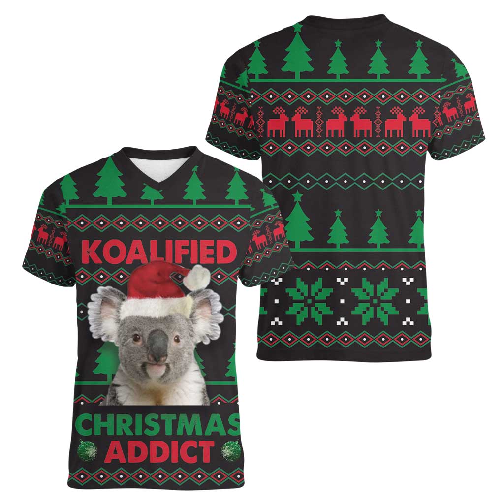 Cute Koala Women V-Neck T-Shirt Koalified Christmas Addict - Wonder Print Shop