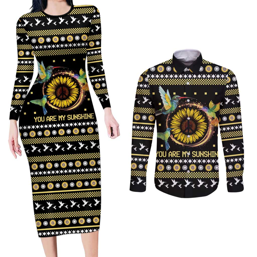 Hummingbird Sunflower Christmas Couples Matching Long Sleeve Bodycon Dress and Long Sleeve Button Shirt You Are My Sunshine - Wonder Print Shop