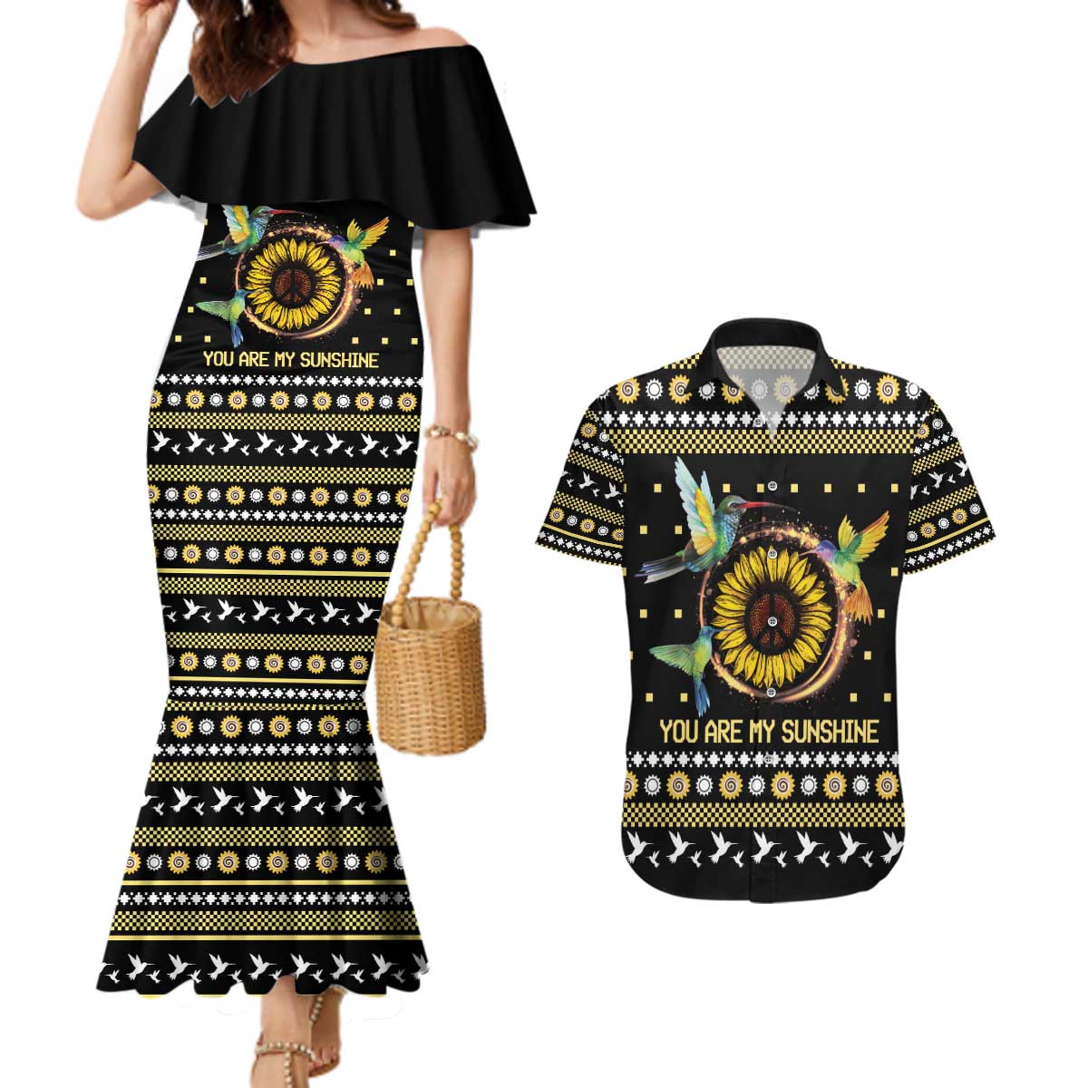 Hummingbird Sunflower Christmas Couples Matching Mermaid Dress and Hawaiian Shirt You Are My Sunshine - Wonder Print Shop