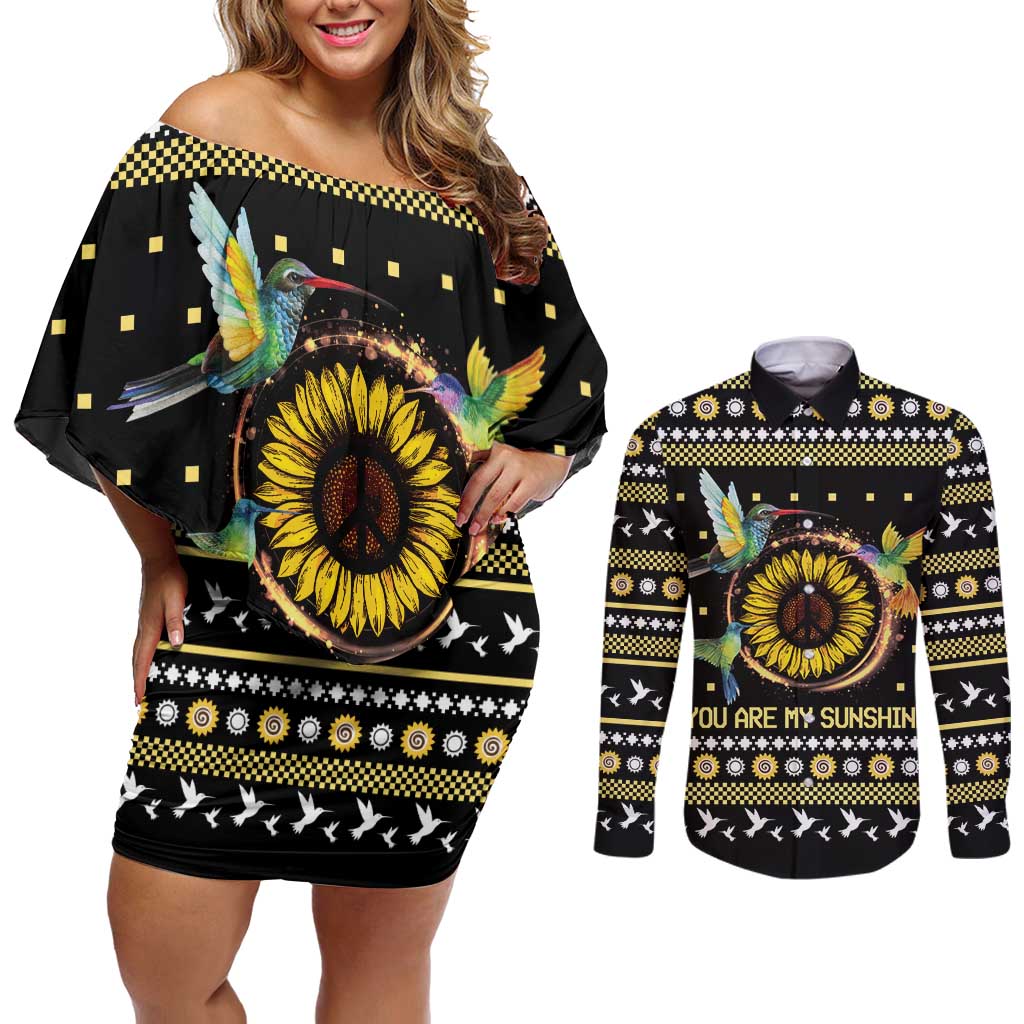 Hummingbird Sunflower Christmas Couples Matching Off Shoulder Short Dress and Long Sleeve Button Shirt You Are My Sunshine - Wonder Print Shop