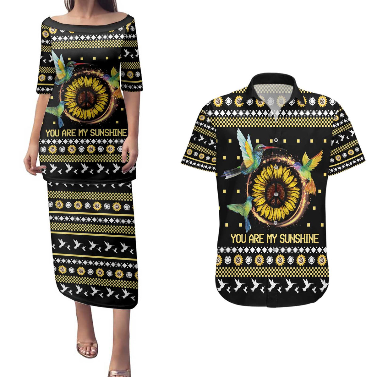 Hummingbird Sunflower Christmas Couples Matching Puletasi and Hawaiian Shirt You Are My Sunshine - Wonder Print Shop