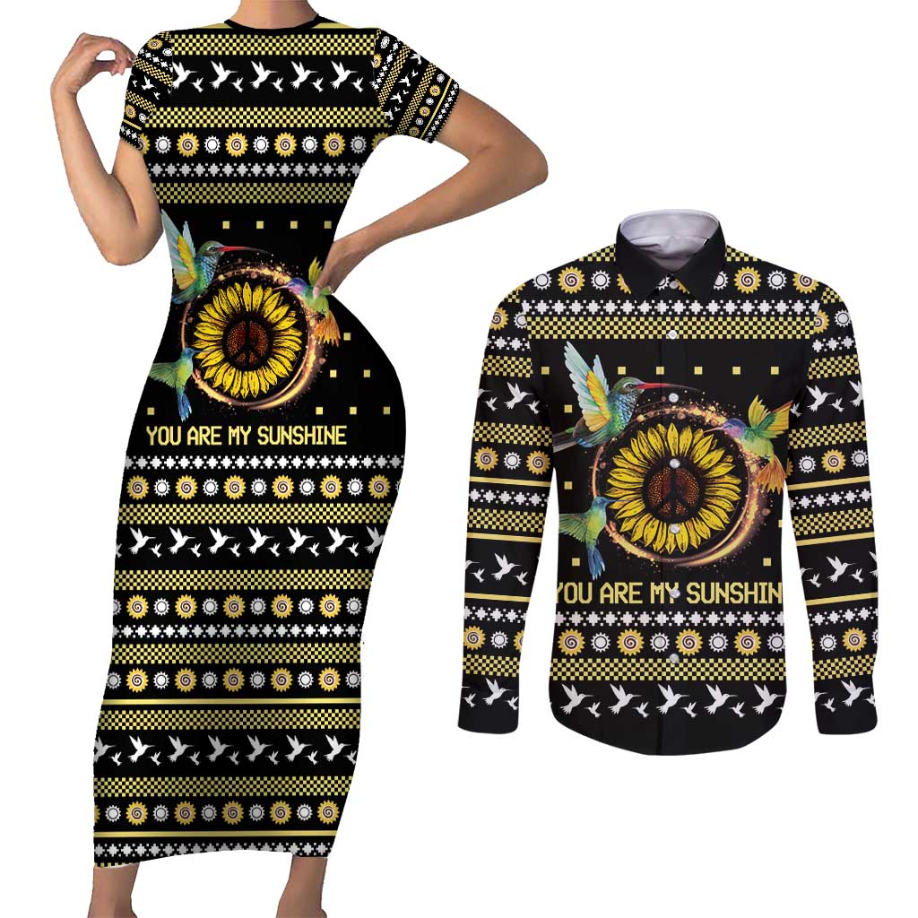 Hummingbird Sunflower Christmas Couples Matching Short Sleeve Bodycon Dress and Long Sleeve Button Shirt You Are My Sunshine - Wonder Print Shop