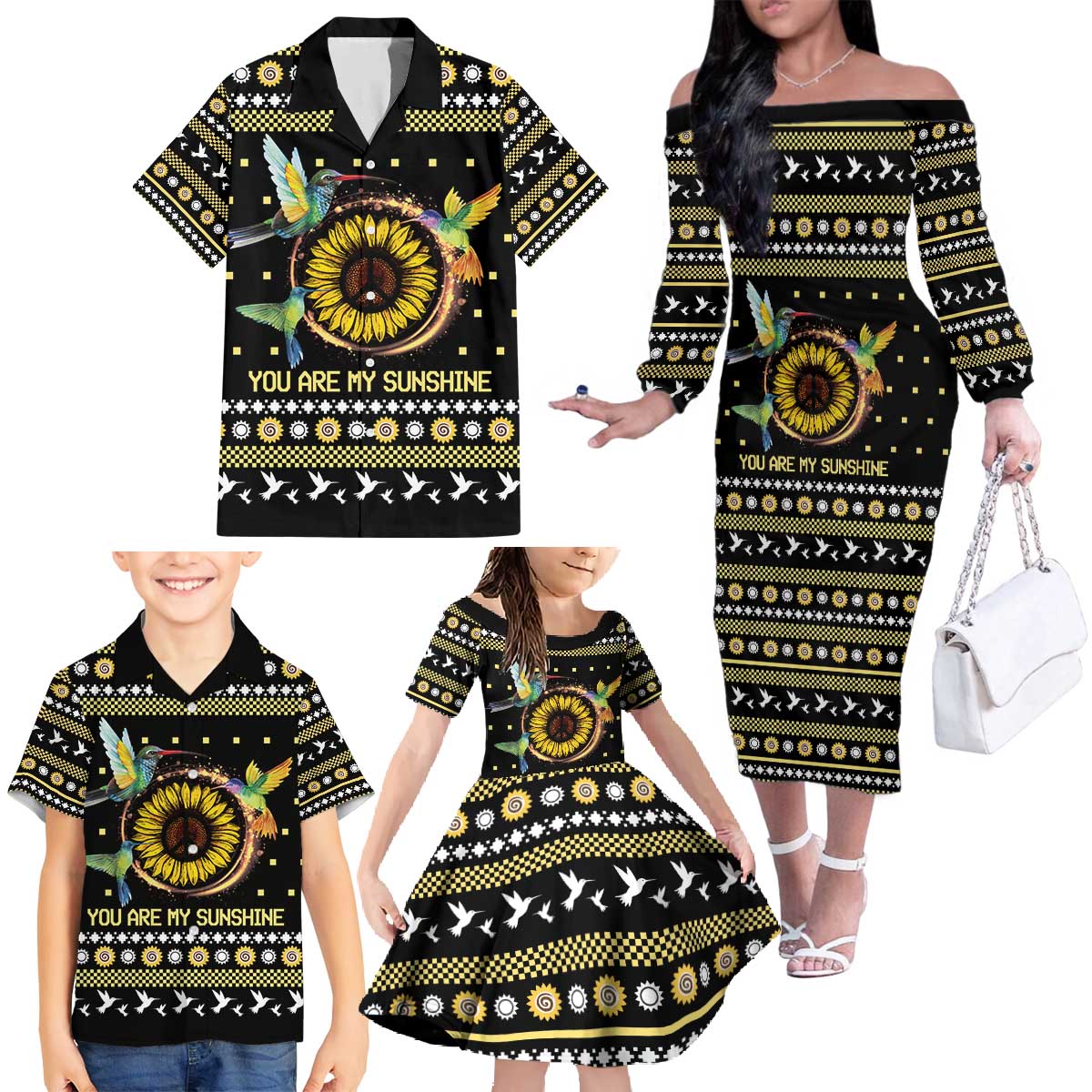Hummingbird Sunflower Christmas Family Matching Off The Shoulder Long Sleeve Dress and Hawaiian Shirt You Are My Sunshine - Wonder Print Shop